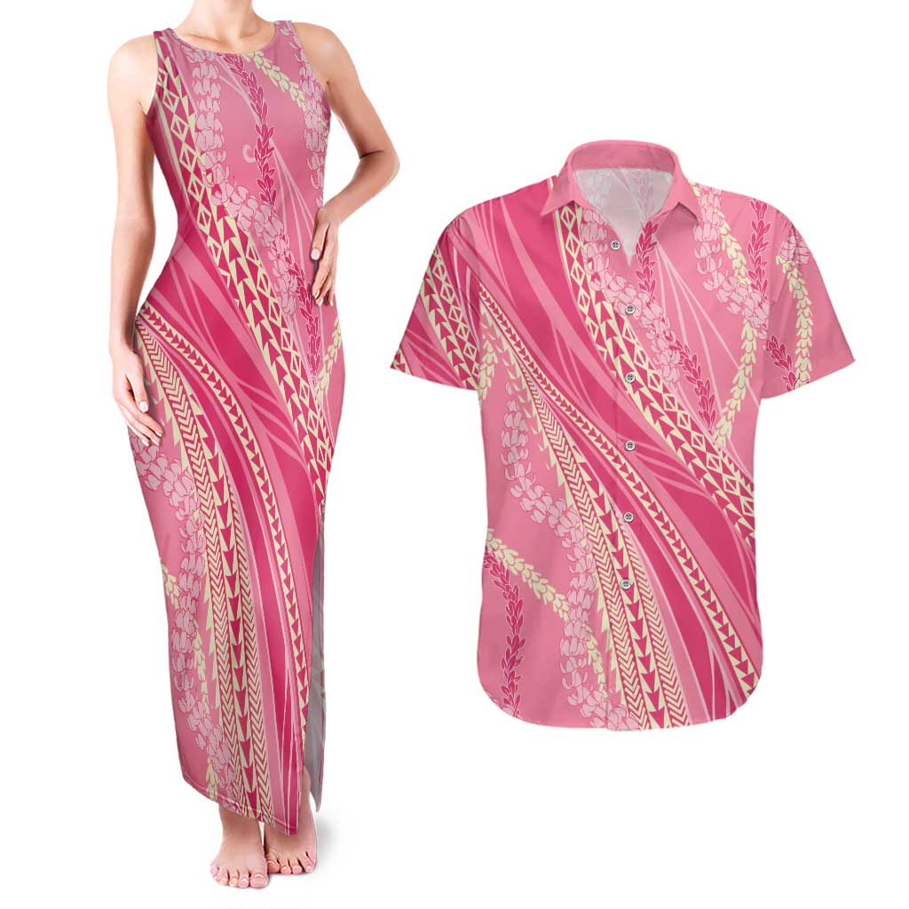 Polynesian Puakeniken Pikake Twisted Lei Couples Matching Tank Maxi Dress and Hawaiian Shirt Rose Pink - Polynesian Pride