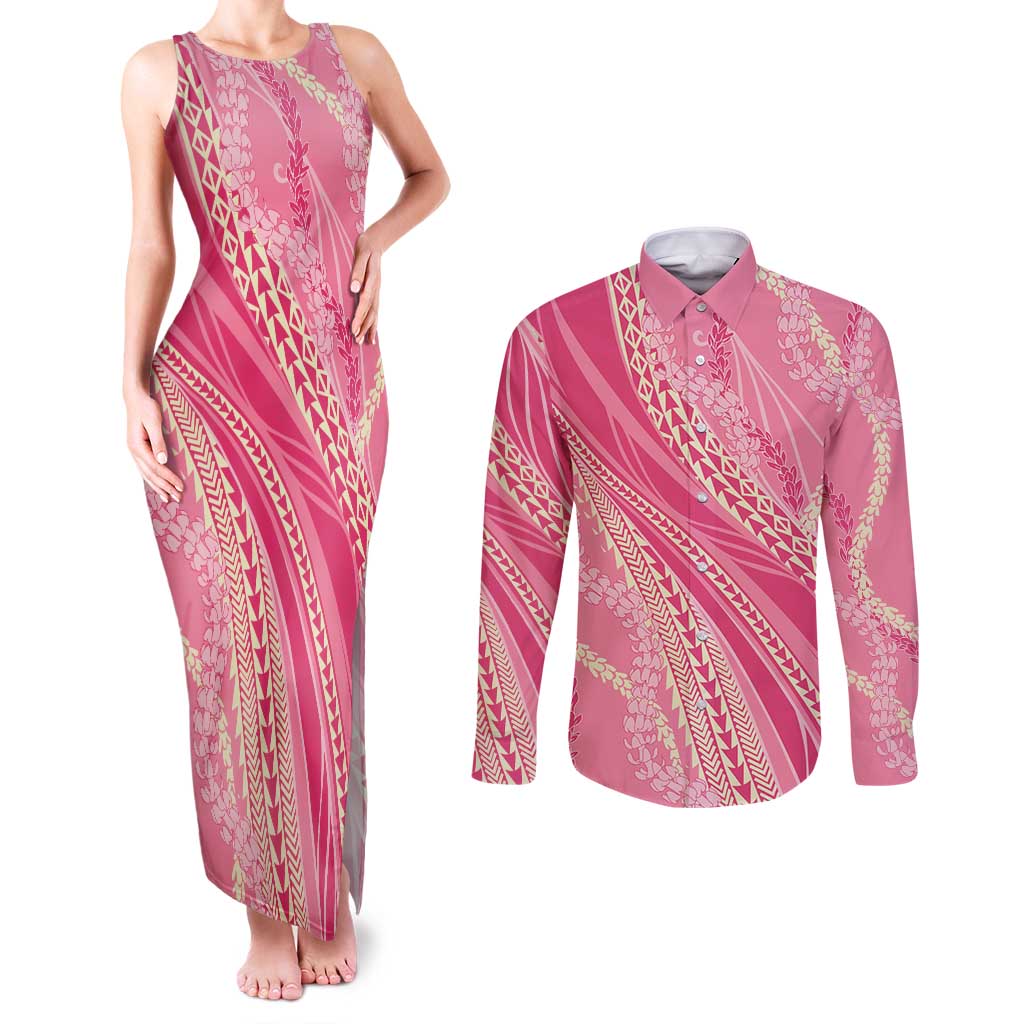 Polynesian Puakeniken Pikake Twisted Lei Couples Matching Tank Maxi Dress and Long Sleeve Button Shirt Rose Pink - Polynesian Pride