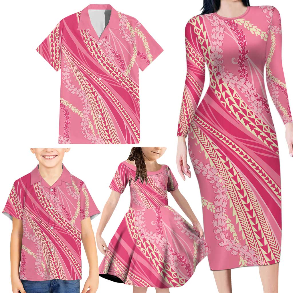 Polynesian Puakeniken Pikake Twisted Lei Family Matching Long Sleeve Bodycon Dress and Hawaiian Shirt Rose Pink LT7 - Polynesian Pride