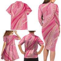 Polynesian Puakeniken Pikake Twisted Lei Family Matching Long Sleeve Bodycon Dress and Hawaiian Shirt Rose Pink LT7 - Polynesian Pride
