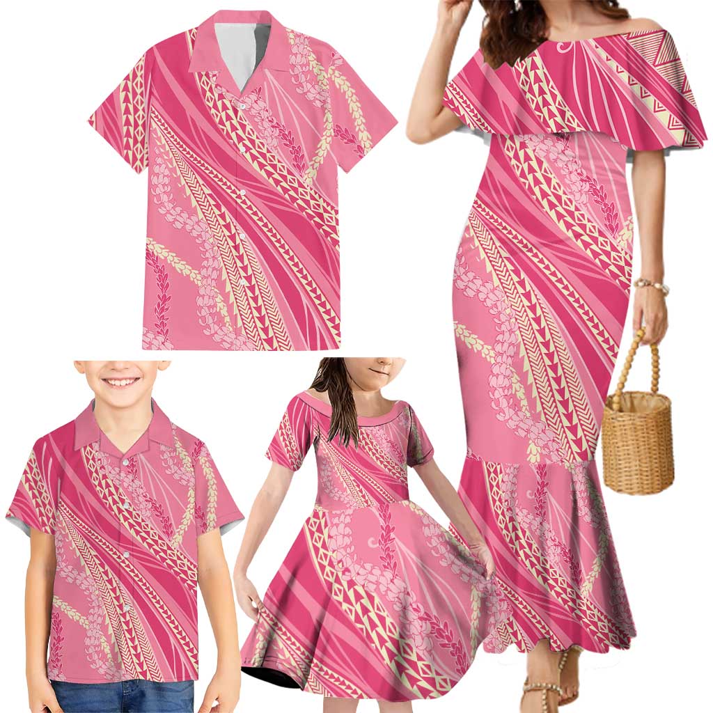 Polynesian Puakeniken Pikake Twisted Lei Family Matching Mermaid Dress and Hawaiian Shirt Rose Pink - Polynesian Pride