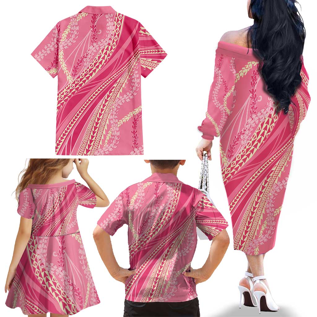 Polynesian Puakeniken Pikake Twisted Lei Family Matching Off The Shoulder Long Sleeve Dress and Hawaiian Shirt Rose Pink LT7 - Polynesian Pride
