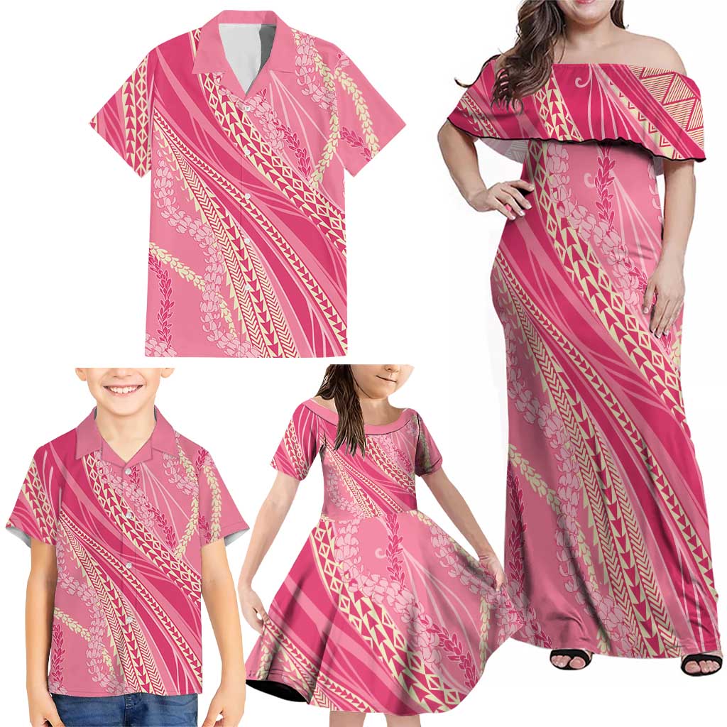 Polynesian Puakeniken Pikake Twisted Lei Family Matching Off Shoulder Maxi Dress and Hawaiian Shirt Rose Pink LT7 - Polynesian Pride
