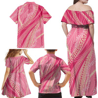 Polynesian Puakeniken Pikake Twisted Lei Family Matching Off Shoulder Maxi Dress and Hawaiian Shirt Rose Pink LT7 - Polynesian Pride