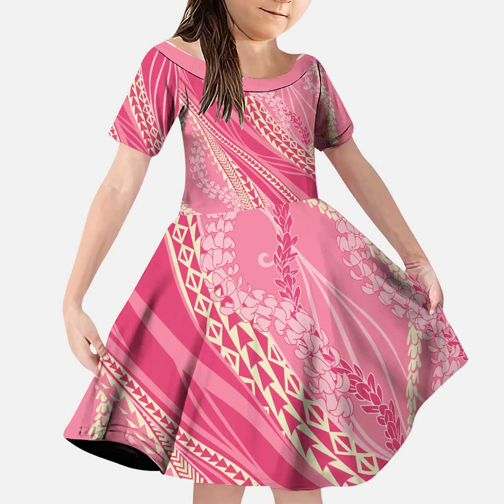 Polynesian Puakeniken Pikake Twisted Lei Family Matching Off Shoulder Short Dress and Hawaiian Shirt Rose Pink LT7 Daughter's Dress Rose Pink - Polynesian Pride
