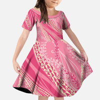 Polynesian Puakeniken Pikake Twisted Lei Family Matching Off Shoulder Short Dress and Hawaiian Shirt Rose Pink LT7 Daughter's Dress Rose Pink - Polynesian Pride