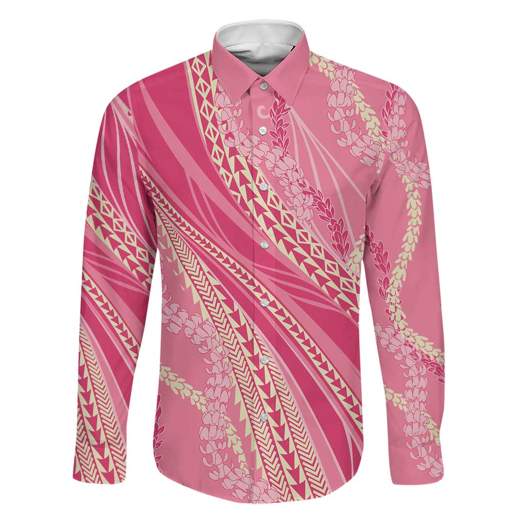 Polynesian Puakeniken Pikake Twisted Lei Family Matching Tank Maxi Dress and Hawaiian Shirt Rose Pink LT7 Dad's Shirt - Long Sleeve Rose Pink - Polynesian Pride