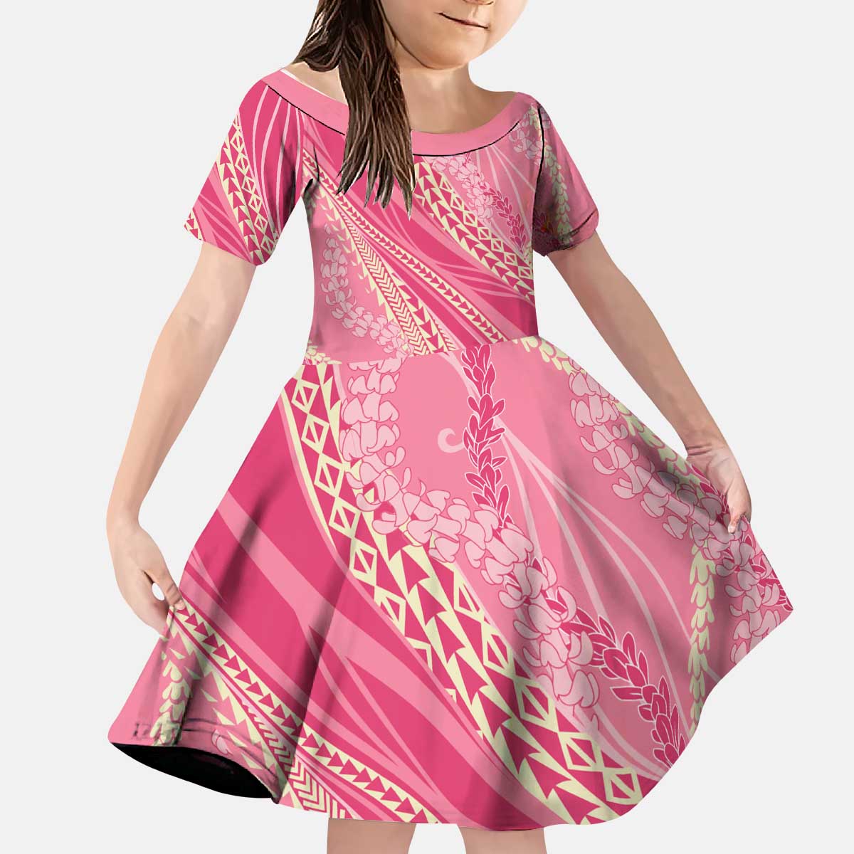 Polynesian Puakeniken Pikake Twisted Lei Kid Short Sleeve Dress Rose Pink - Polynesian Pride