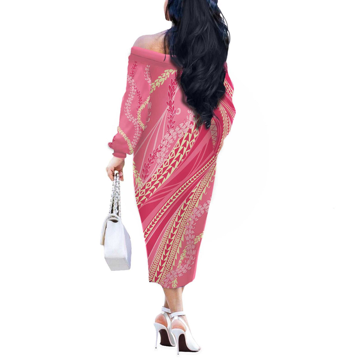 Polynesian Puakeniken Pikake Twisted Lei Off The Shoulder Long Sleeve Dress Rose Pink - Polynesian Pride