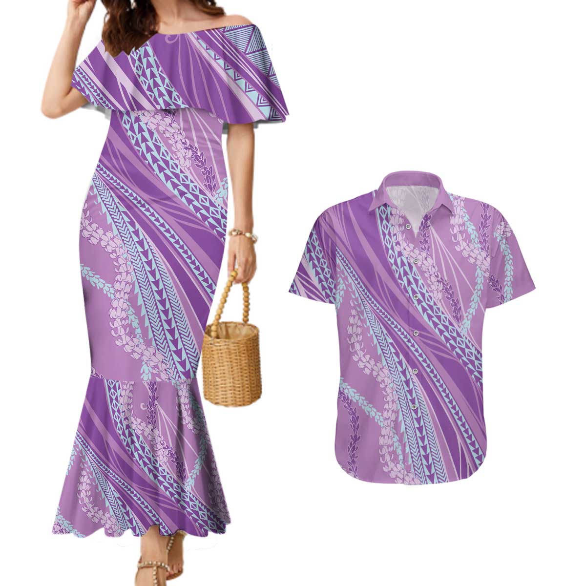 Polynesian Puakeniken Pikake Twisted Lei Couples Matching Mermaid Dress and Hawaiian Shirt Amethys - Polynesian Pride
