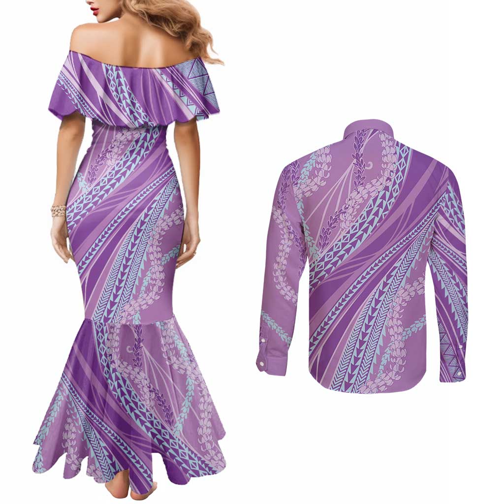 Polynesian Puakeniken Pikake Twisted Lei Couples Matching Mermaid Dress and Long Sleeve Button Shirt Amethys - Polynesian Pride
