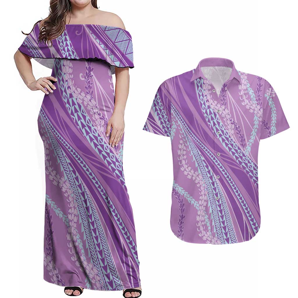 Polynesian Puakeniken Pikake Twisted Lei Couples Matching Off Shoulder Maxi Dress and Hawaiian Shirt Amethys - Polynesian Pride