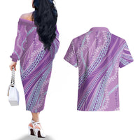 Polynesian Puakeniken Pikake Twisted Lei Couples Matching Off The Shoulder Long Sleeve Dress and Hawaiian Shirt Amethys - Polynesian Pride
