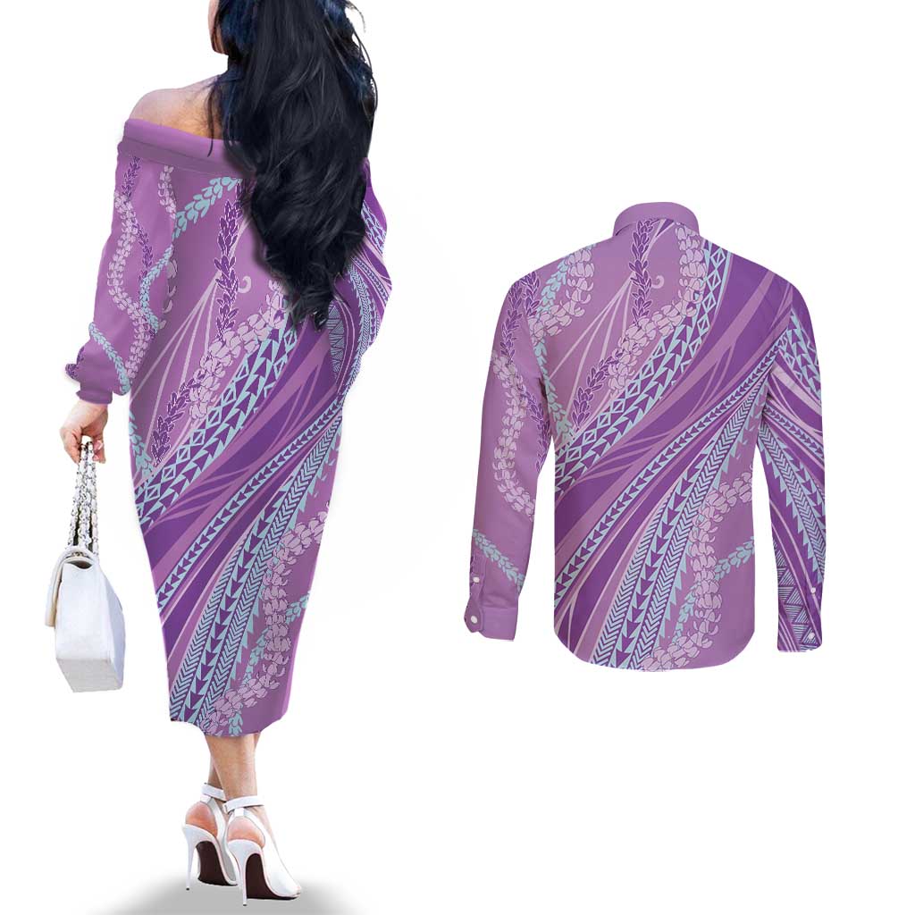 Polynesian Puakeniken Pikake Twisted Lei Couples Matching Off The Shoulder Long Sleeve Dress and Long Sleeve Button Shirt Amethys - Polynesian Pride