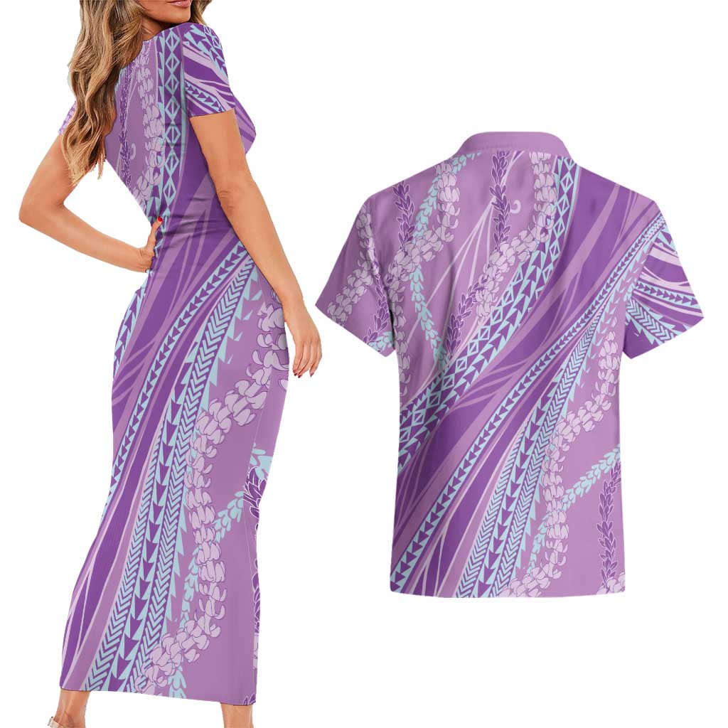 Polynesian Puakeniken Pikake Twisted Lei Couples Matching Short Sleeve Bodycon Dress and Hawaiian Shirt Amethys - Polynesian Pride