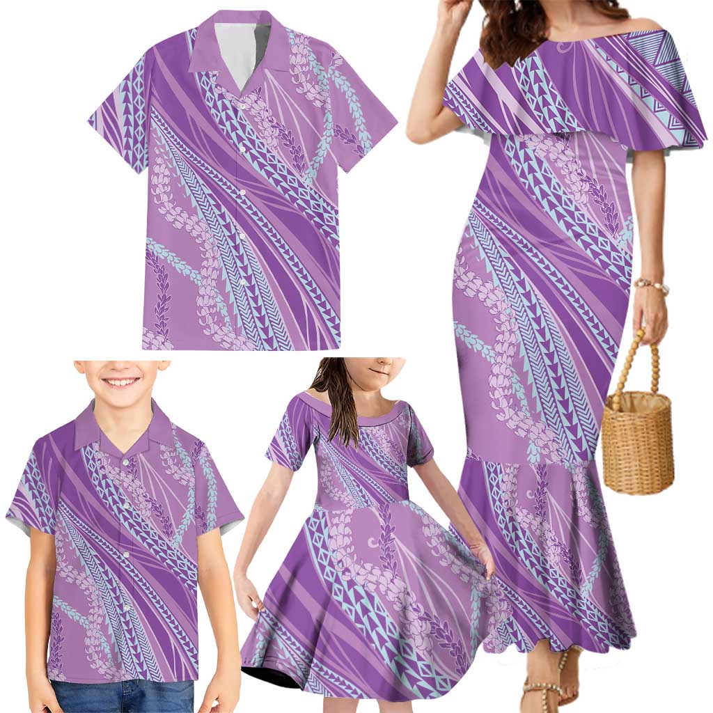 Polynesian Puakeniken Pikake Twisted Lei Family Matching Mermaid Dress and Hawaiian Shirt Amethys - Polynesian Pride