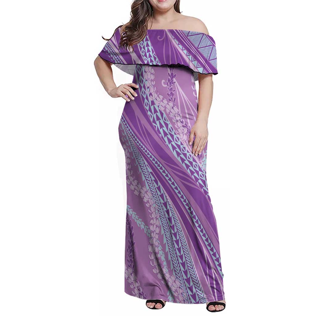 Polynesian Puakeniken Pikake Twisted Lei Family Matching Off Shoulder Maxi Dress and Hawaiian Shirt Amethys LT7 Mom's Dress Amethys - Polynesian Pride