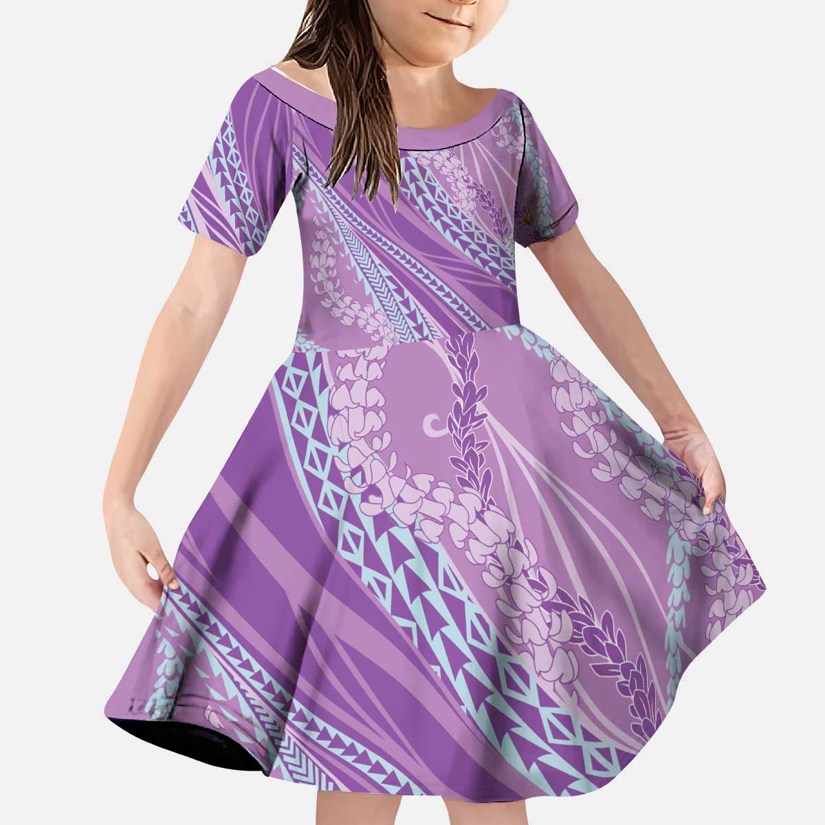 Polynesian Puakeniken Pikake Twisted Lei Kid Short Sleeve Dress Amethys - Polynesian Pride