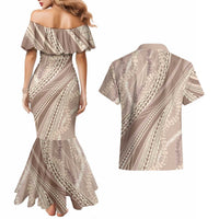 Polynesian Puakeniken Pikake Twisted Lei Couples Matching Mermaid Dress and Hawaiian Shirt Beige - Polynesian Pride