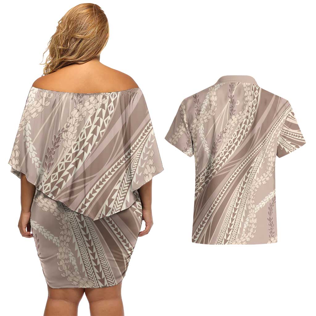 Polynesian Puakeniken Pikake Twisted Lei Couples Matching Off Shoulder Short Dress and Hawaiian Shirt Beige - Polynesian Pride
