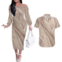 Polynesian Puakeniken Pikake Twisted Lei Couples Matching Off The Shoulder Long Sleeve Dress and Hawaiian Shirt Beige LT7 Beige - Polynesian Pride