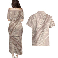 Polynesian Puakeniken Pikake Twisted Lei Couples Matching Puletasi and Hawaiian Shirt Beige - Polynesian Pride