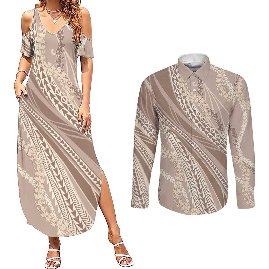 Polynesian Puakeniken Pikake Twisted Lei Couples Matching Summer Maxi Dress and Long Sleeve Button Shirt Beige - Polynesian Pride