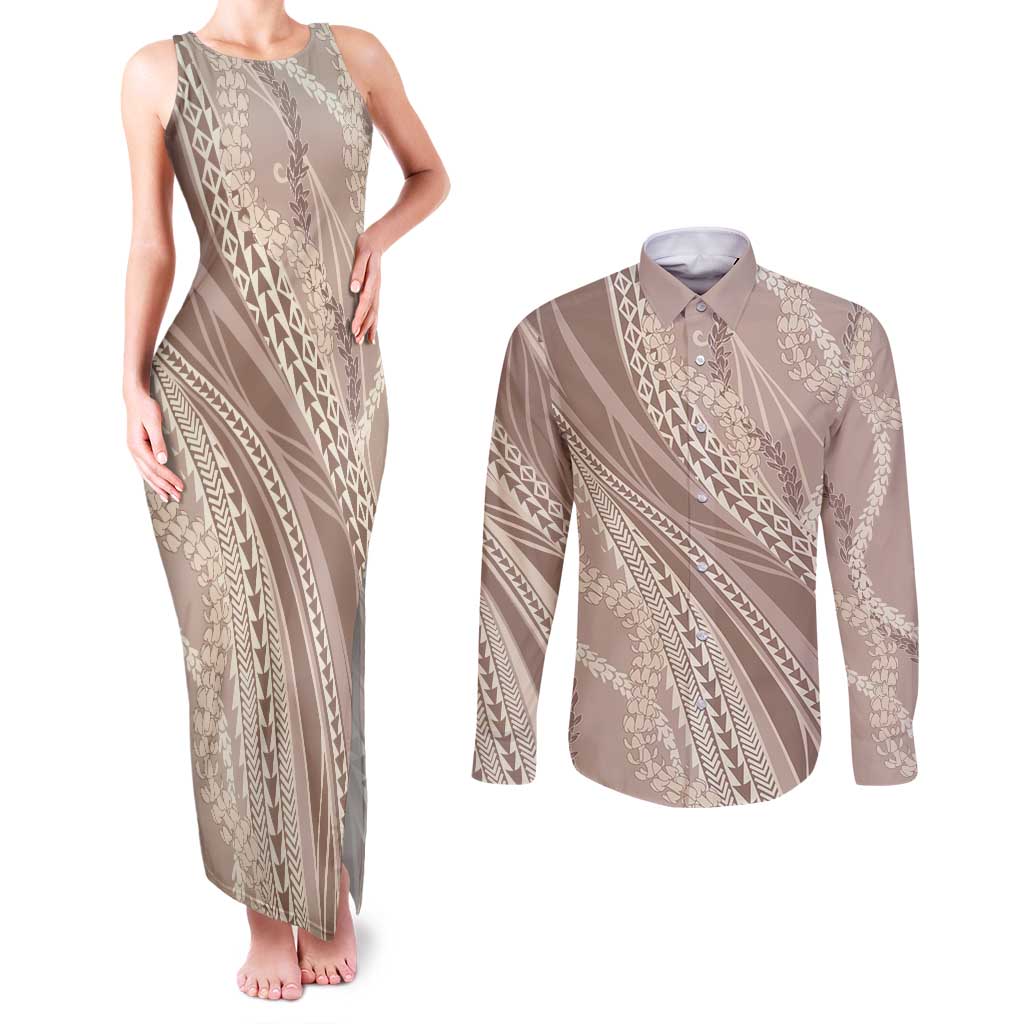Polynesian Puakeniken Pikake Twisted Lei Couples Matching Tank Maxi Dress and Long Sleeve Button Shirt Beige - Polynesian Pride