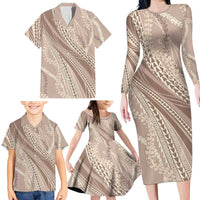 Polynesian Puakeniken Pikake Twisted Lei Family Matching Long Sleeve Bodycon Dress and Hawaiian Shirt Beige LT7 - Polynesian Pride