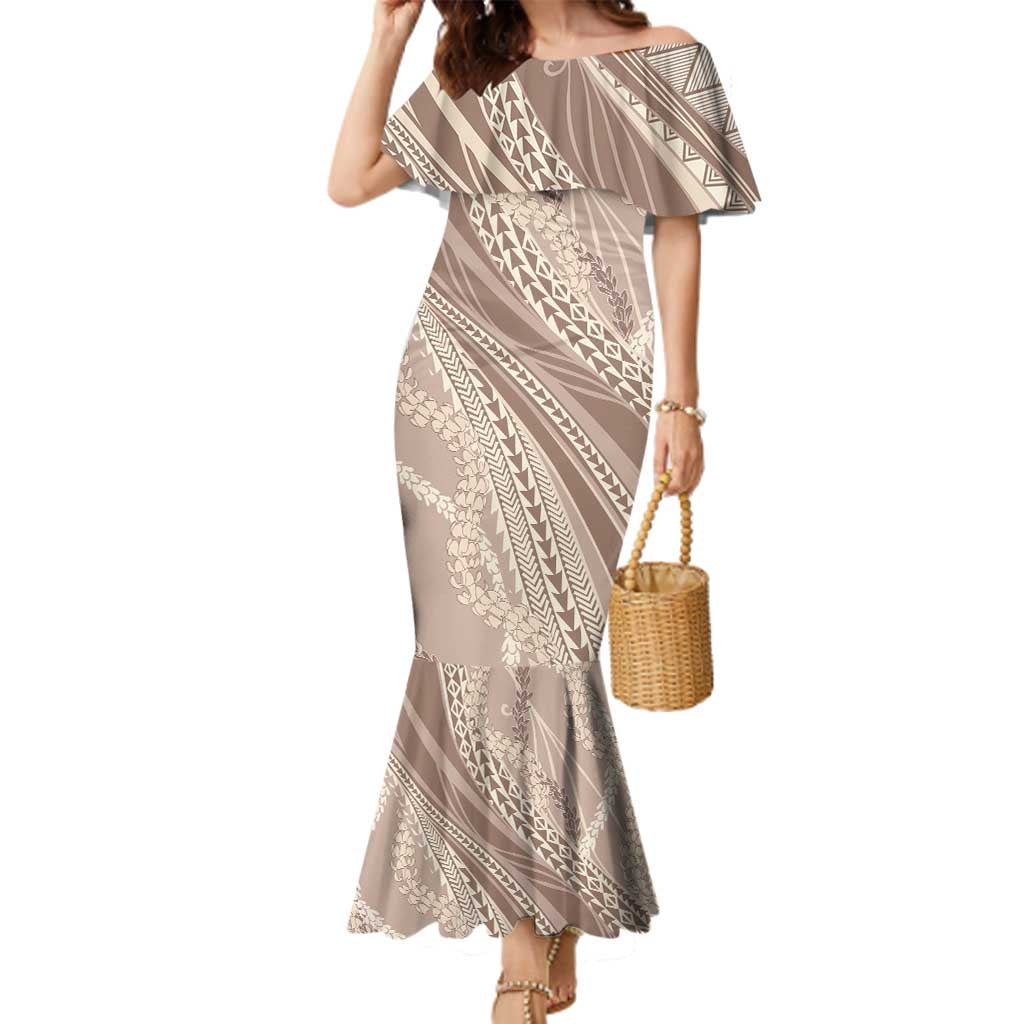 Polynesian Puakeniken Pikake Twisted Lei Family Matching Mermaid Dress and Hawaiian Shirt Beige LT7 Mom's Dress Beige - Polynesian Pride
