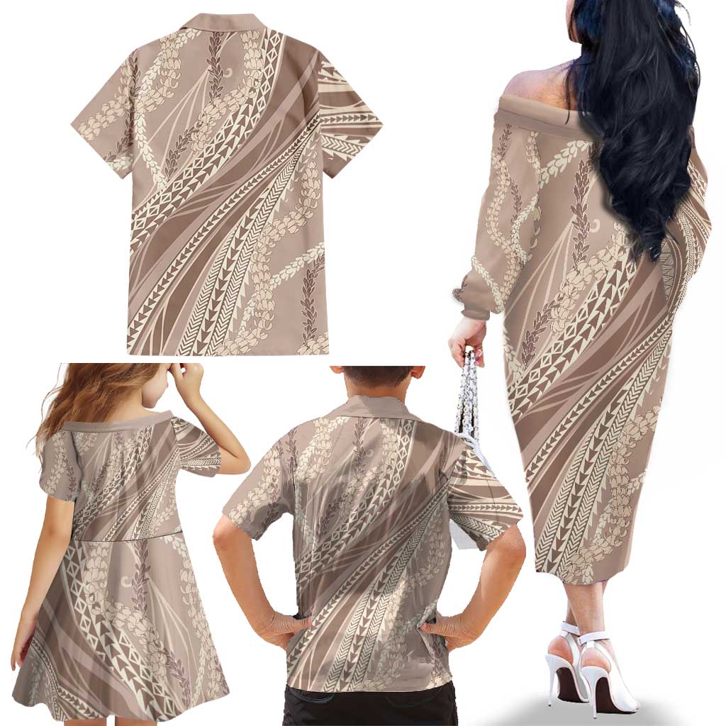 Polynesian Puakeniken Pikake Twisted Lei Family Matching Off The Shoulder Long Sleeve Dress and Hawaiian Shirt Beige LT7 - Polynesian Pride