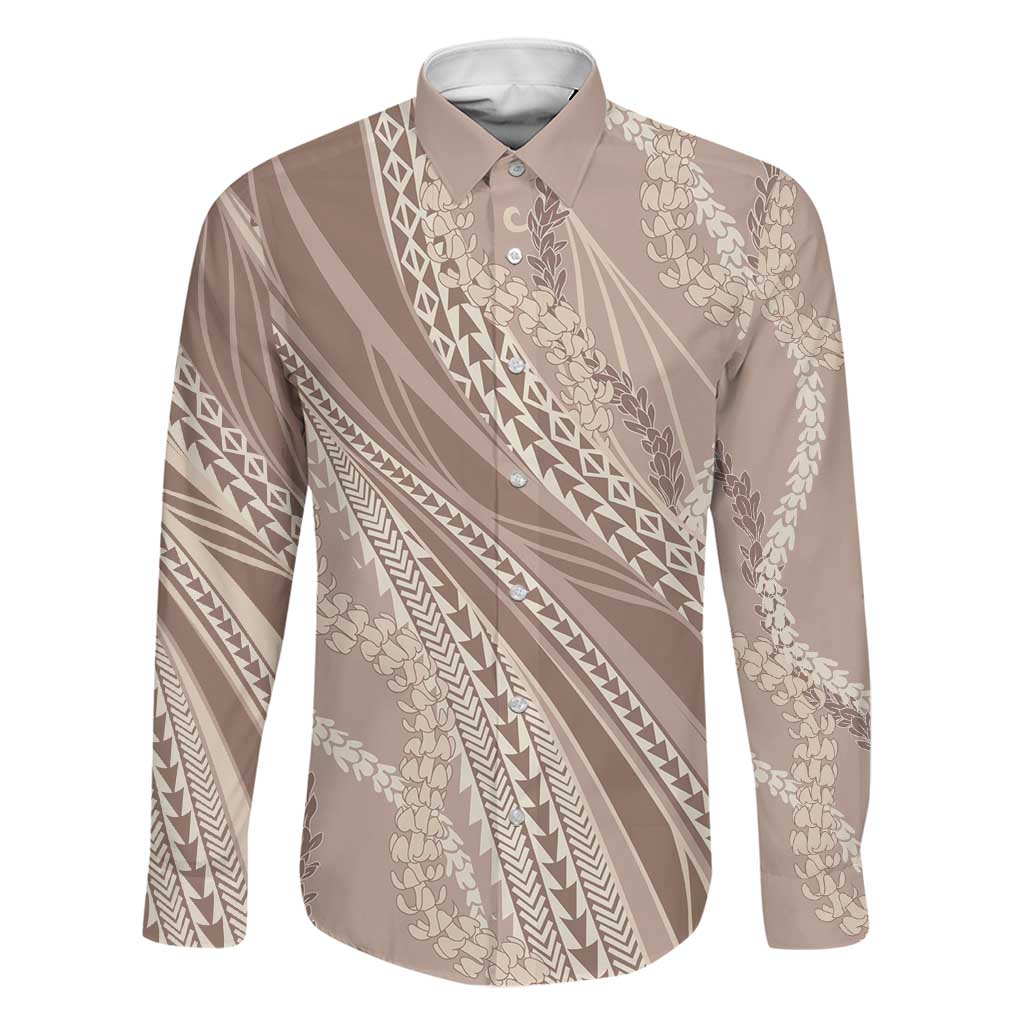 Polynesian Puakeniken Pikake Twisted Lei Family Matching Off The Shoulder Long Sleeve Dress and Hawaiian Shirt Beige LT7 Dad's Shirt - Long Sleeve Beige - Polynesian Pride
