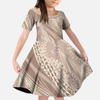 Polynesian Puakeniken Pikake Twisted Lei Family Matching Off Shoulder Maxi Dress and Hawaiian Shirt Beige LT7 Daughter's Dress Beige - Polynesian Pride