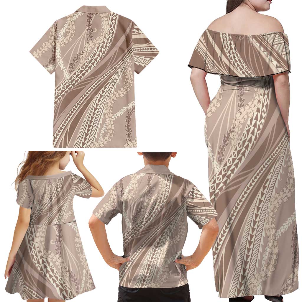 Polynesian Puakeniken Pikake Twisted Lei Family Matching Off Shoulder Maxi Dress and Hawaiian Shirt Beige LT7 - Polynesian Pride