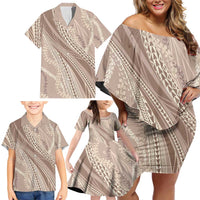 Polynesian Puakeniken Pikake Twisted Lei Family Matching Off Shoulder Short Dress and Hawaiian Shirt Beige LT7 - Polynesian Pride