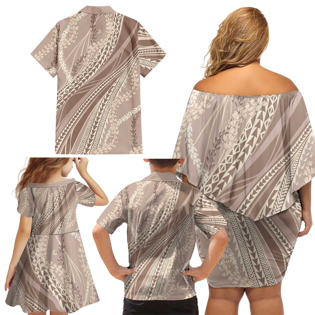 Polynesian Puakeniken Pikake Twisted Lei Family Matching Off Shoulder Short Dress and Hawaiian Shirt Beige LT7 - Polynesian Pride