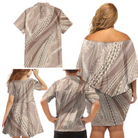 Polynesian Puakeniken Pikake Twisted Lei Family Matching Off Shoulder Short Dress and Hawaiian Shirt Beige LT7 - Polynesian Pride