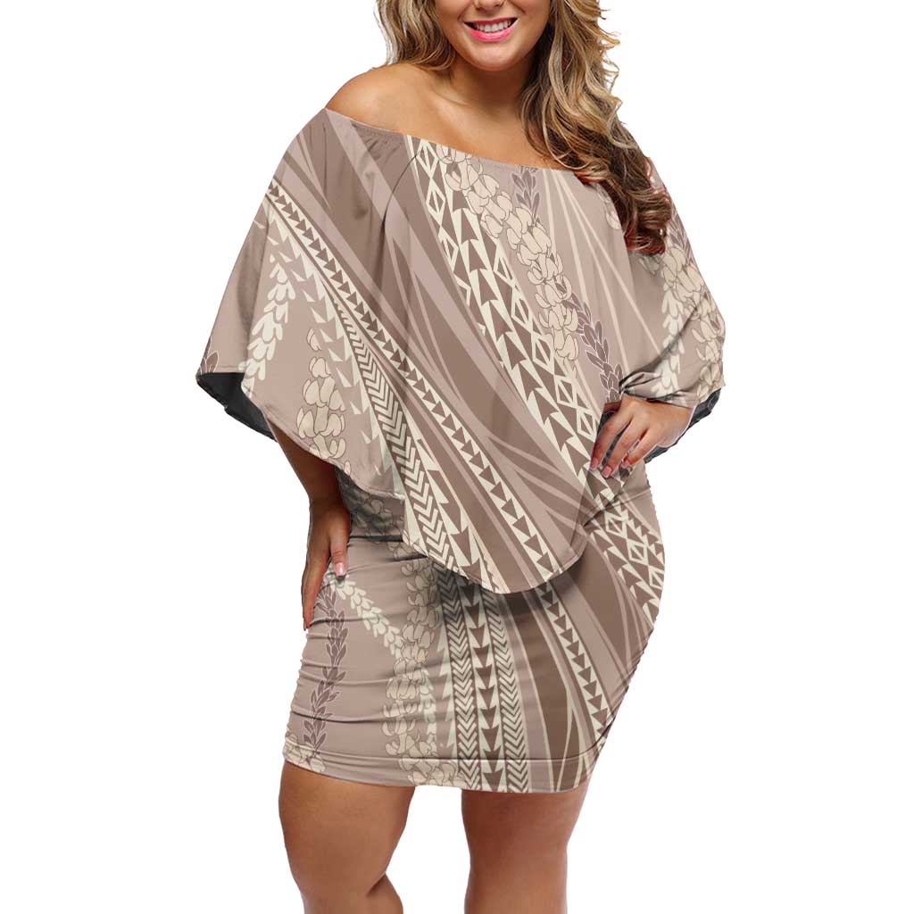 Polynesian Puakeniken Pikake Twisted Lei Family Matching Off Shoulder Short Dress and Hawaiian Shirt Beige LT7 Mom's Dress Beige - Polynesian Pride