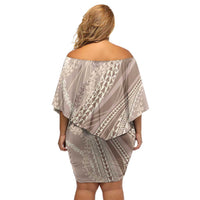Polynesian Puakeniken Pikake Twisted Lei Family Matching Off Shoulder Short Dress and Hawaiian Shirt Beige LT7 - Polynesian Pride