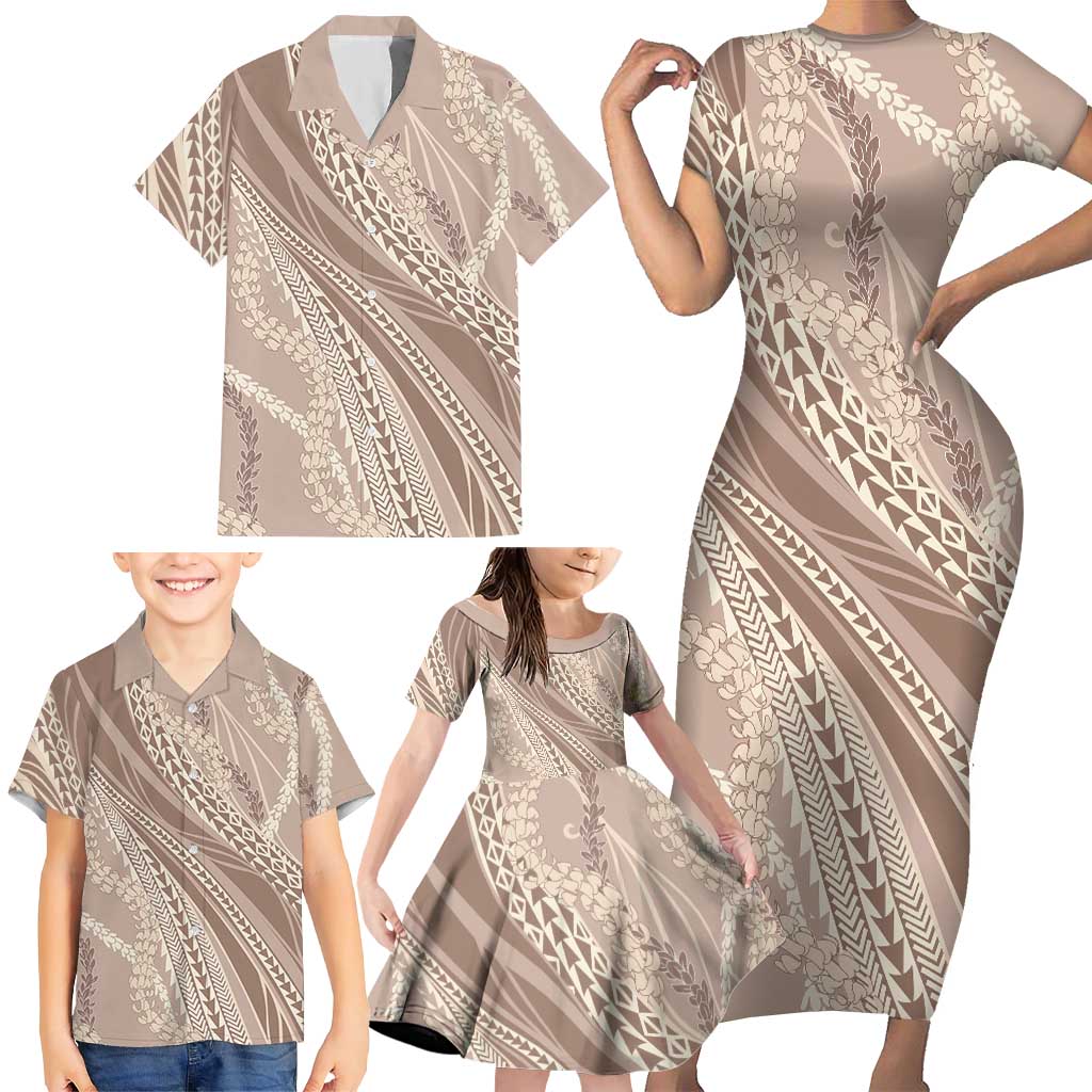Polynesian Puakeniken Pikake Twisted Lei Family Matching Short Sleeve Bodycon Dress and Hawaiian Shirt Beige - Polynesian Pride