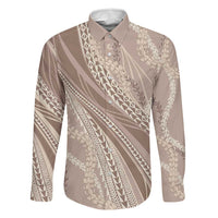 Polynesian Puakeniken Pikake Twisted Lei Family Matching Tank Maxi Dress and Hawaiian Shirt Beige LT7 Dad's Shirt - Long Sleeve Beige - Polynesian Pride