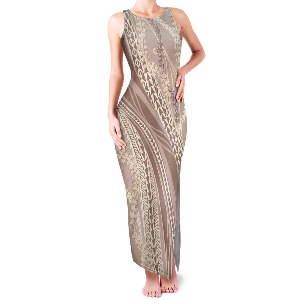 Polynesian Puakeniken Pikake Twisted Lei Family Matching Tank Maxi Dress and Hawaiian Shirt Beige LT7 Mom's Dress Beige - Polynesian Pride
