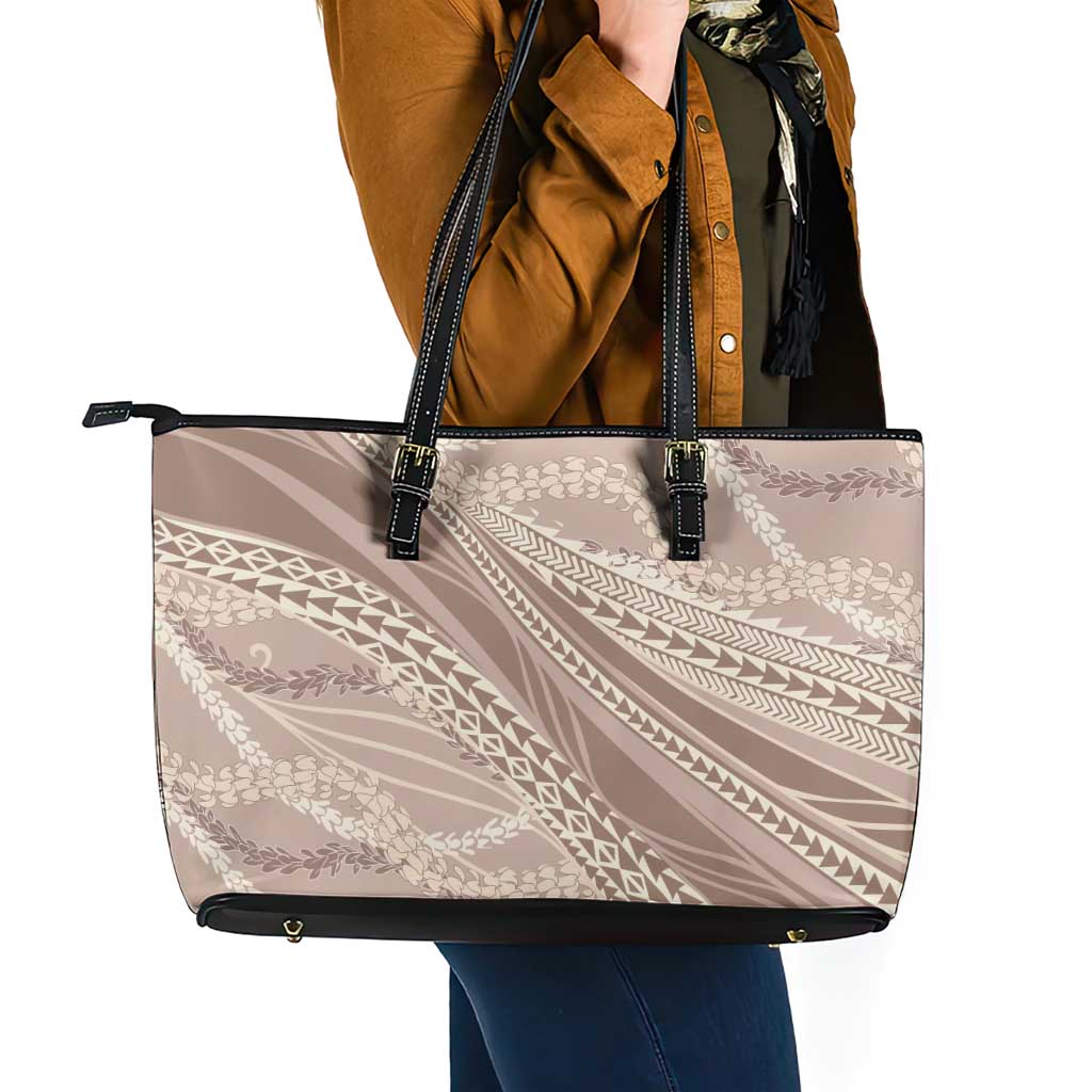 Polynesian Puakeniken Pikake Twisted Lei Leather Tote Bag Beige - Polynesian Pride