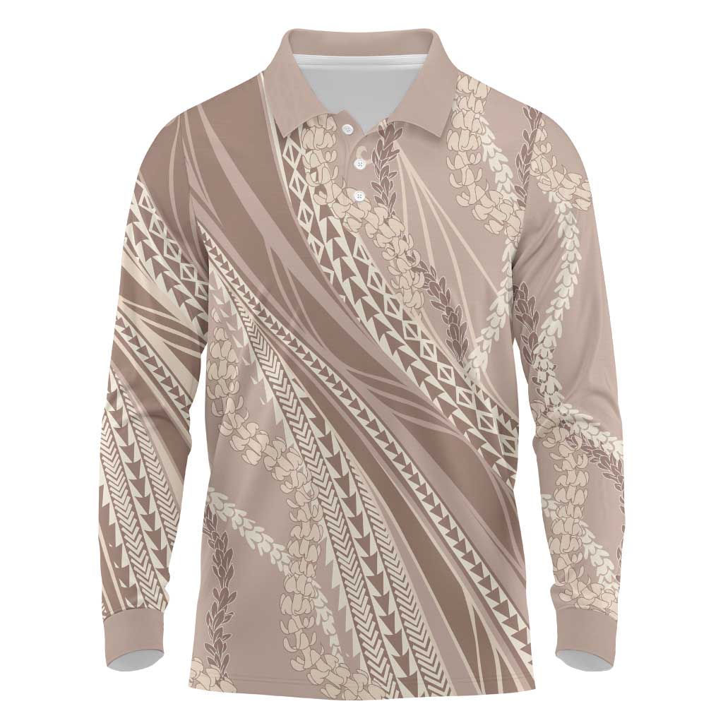 Polynesian Puakeniken Pikake Twisted Lei Long Sleeve Polo Shirt Beige LT7 Beige - Polynesian Pride