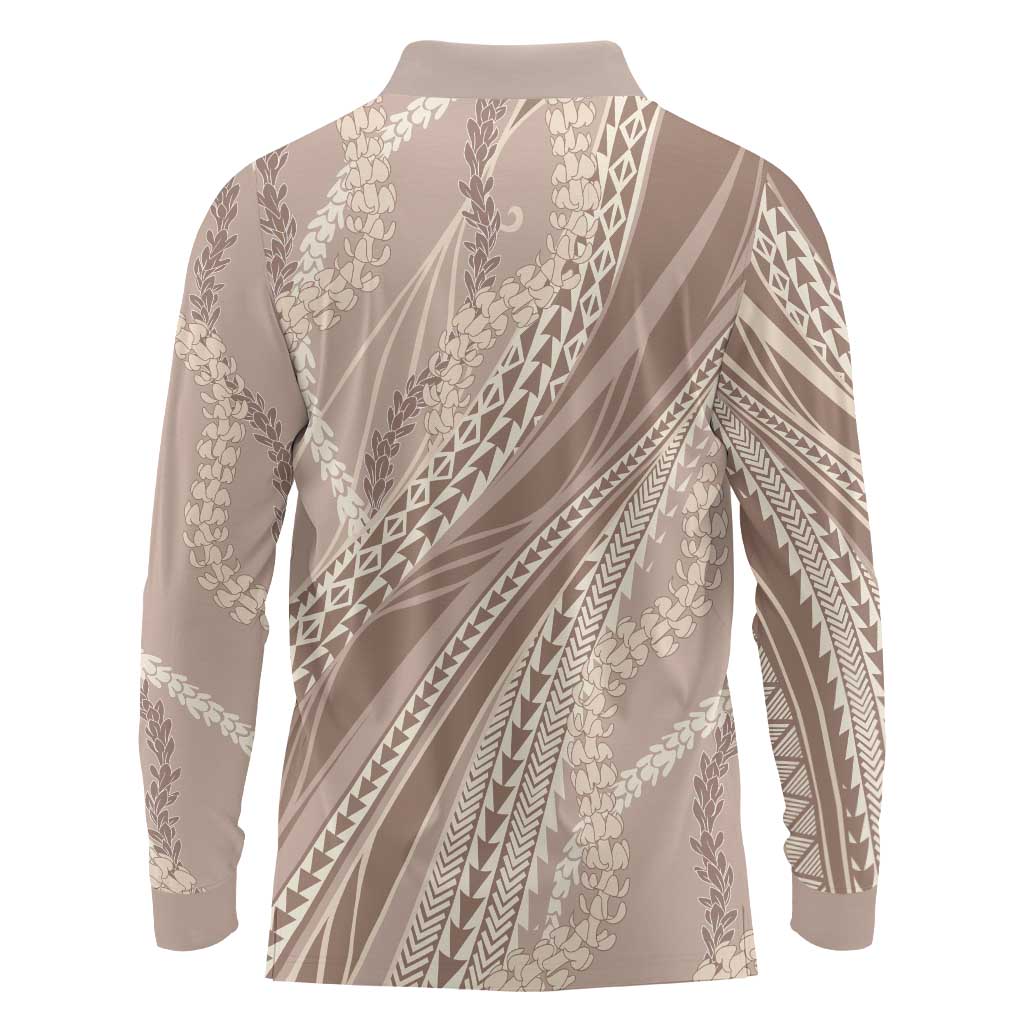 Polynesian Puakeniken Pikake Twisted Lei Long Sleeve Polo Shirt Beige - Polynesian Pride