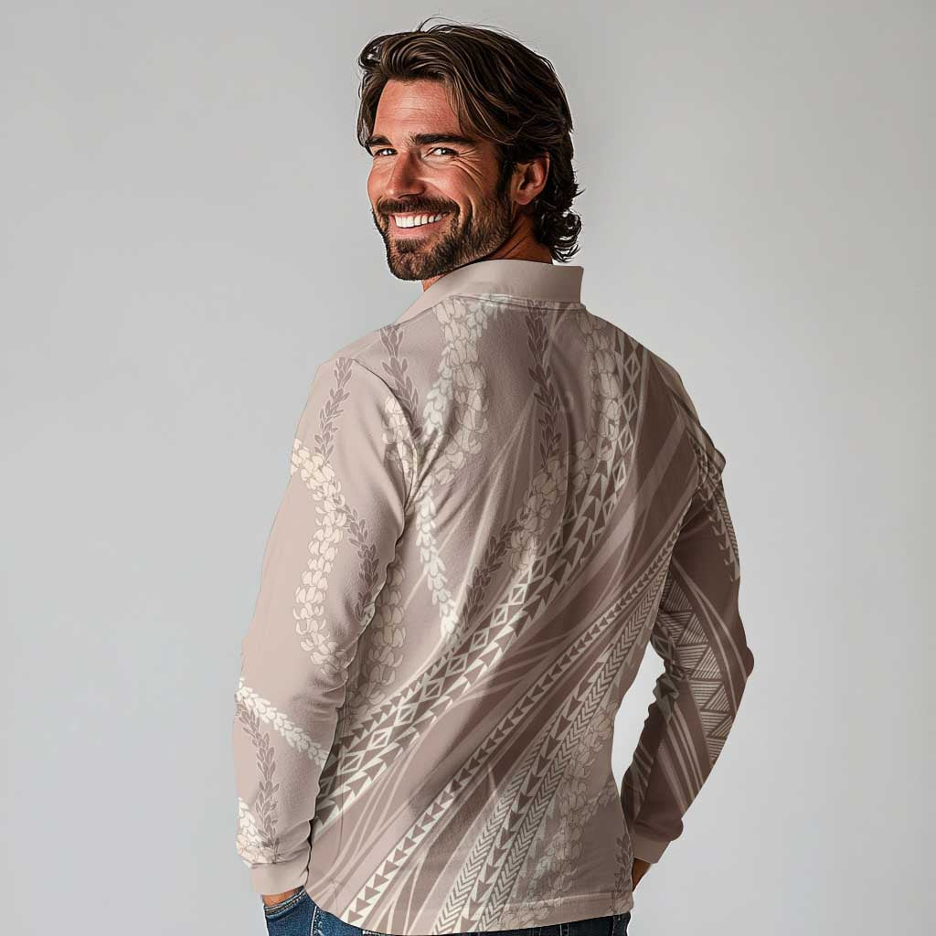 Polynesian Puakeniken Pikake Twisted Lei Long Sleeve Polo Shirt Beige - Polynesian Pride