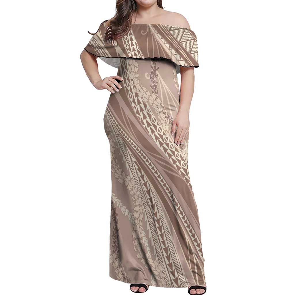 Polynesian Puakeniken Pikake Twisted Lei Off Shoulder Maxi Dress Beige LT7 Women Beige - Polynesian Pride