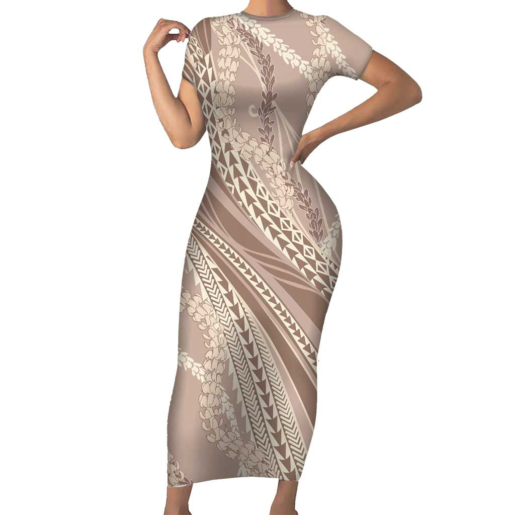 Polynesian Puakeniken Pikake Twisted Lei Short Sleeve Bodycon Dress Beige LT7 Long Dress Beige - Polynesian Pride