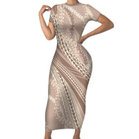 Polynesian Puakeniken Pikake Twisted Lei Short Sleeve Bodycon Dress Beige - Polynesian Pride