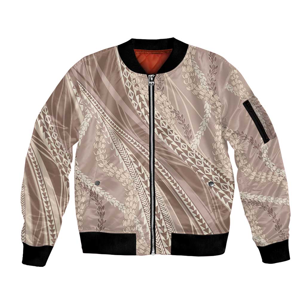Polynesian Puakeniken Pikake Twisted Lei Sleeve Zip Bomber Jacket Beige LT7 Unisex Beige - Polynesian Pride